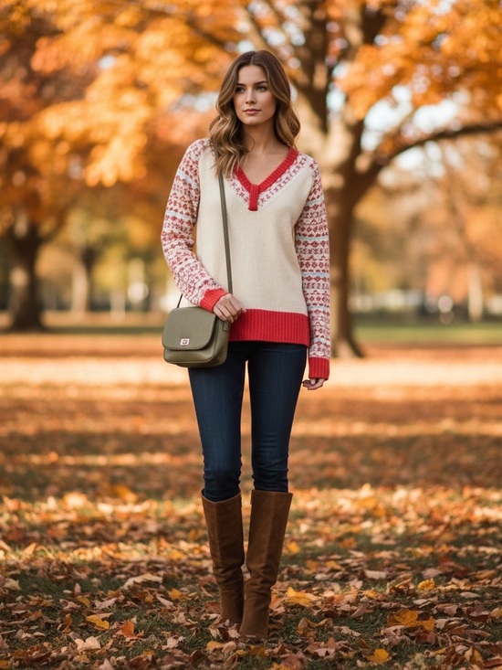 Urban Outfitters Sweaters - Urban Outfitters Cream and Orange V-Neck Sweater